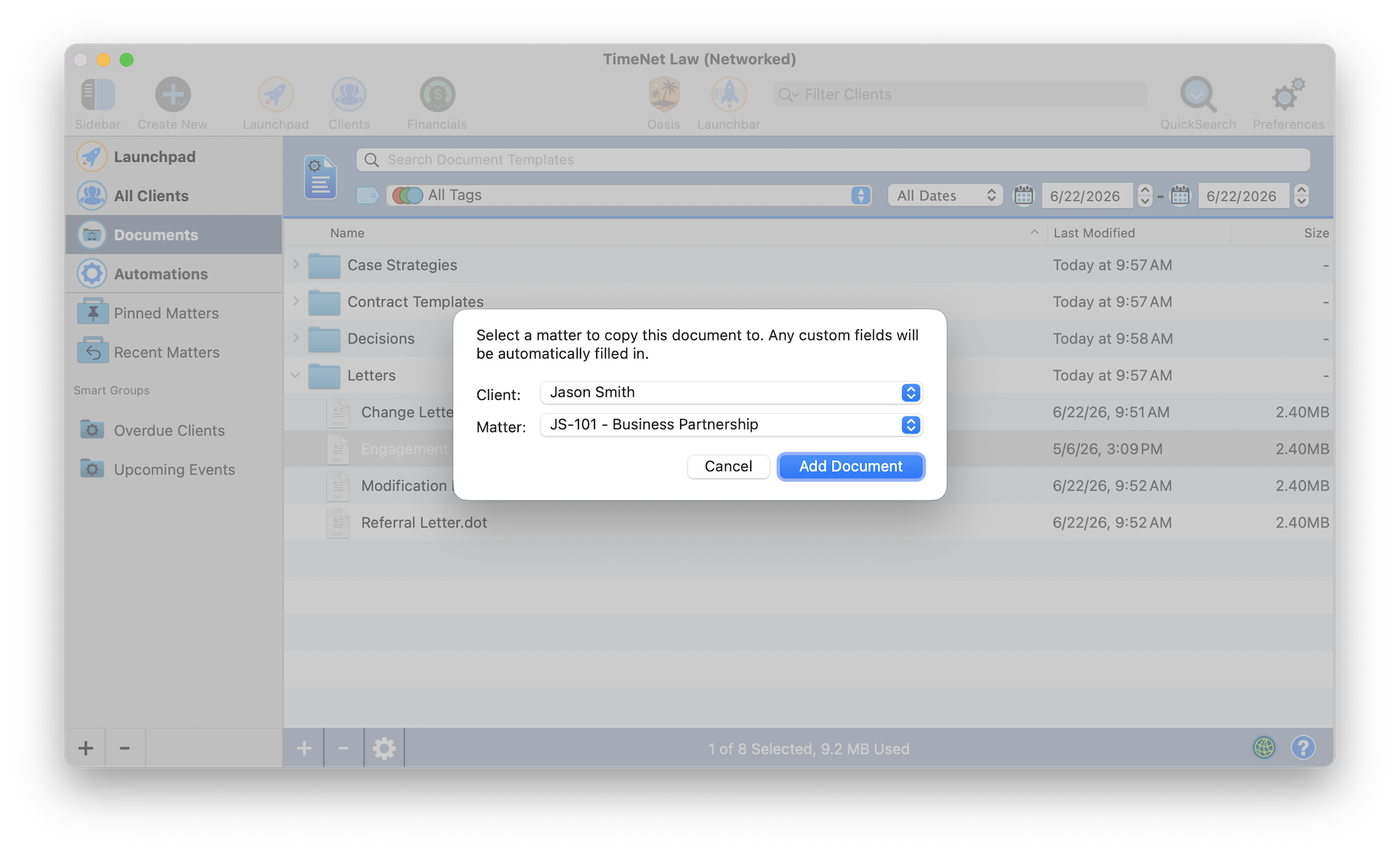 Import any document template into a matter with automatic field merge