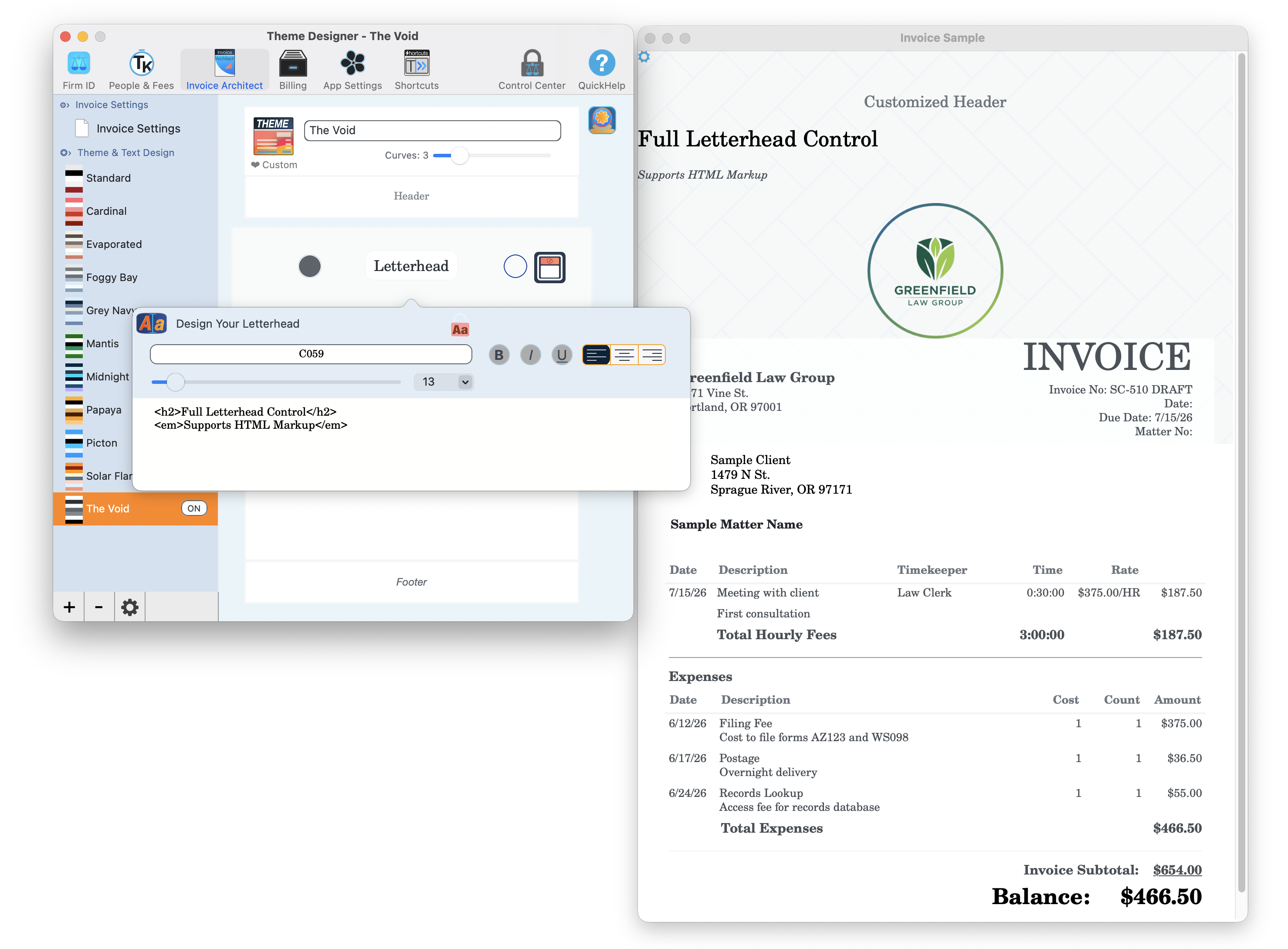 Invoice Architect theme designer with live preview