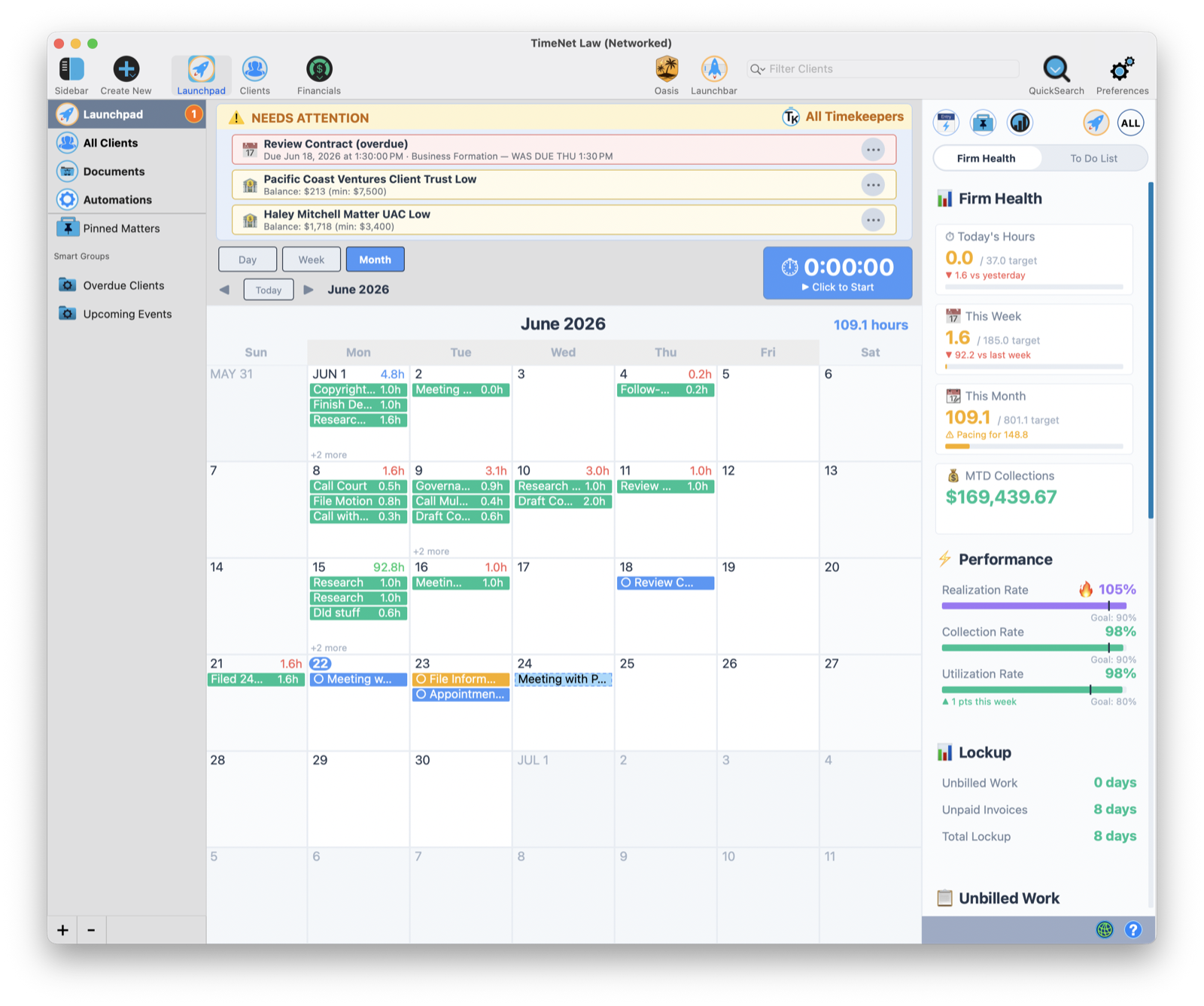 Launchpad month view with appointments, tasks, and Apple Calendar
