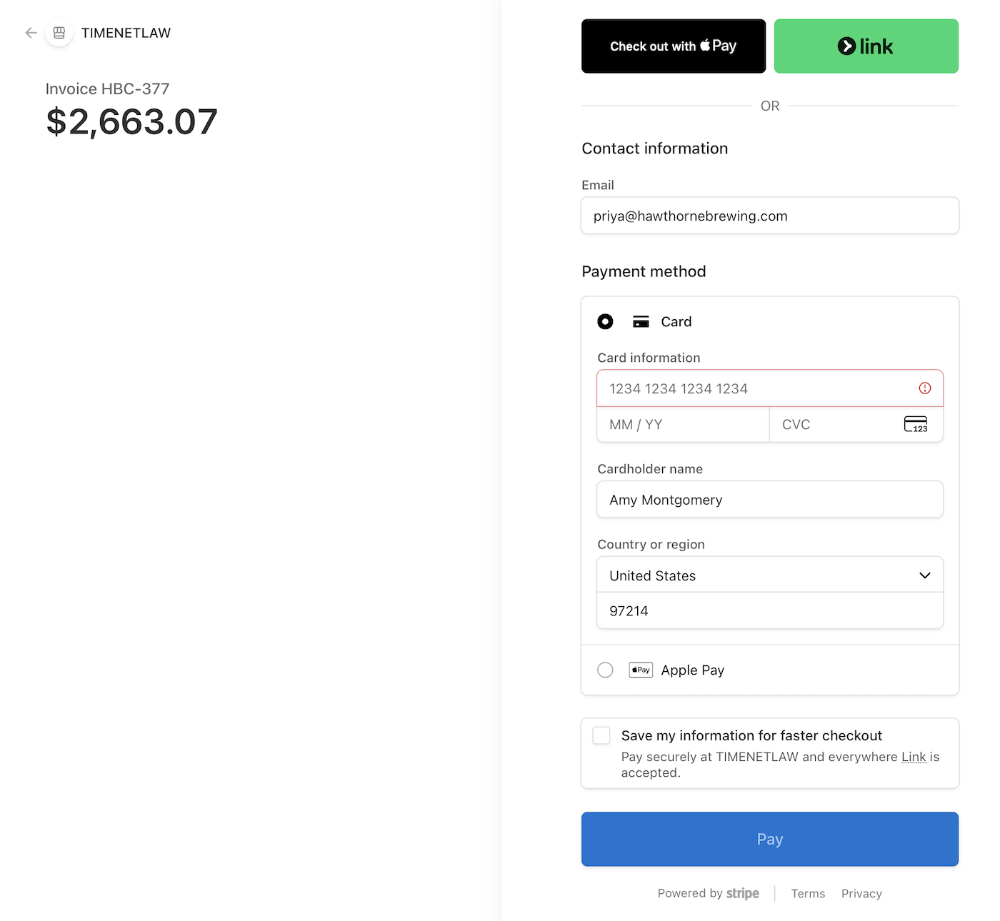A client paying a TimeNet Law invoice with Apple Pay on a secure checkout page