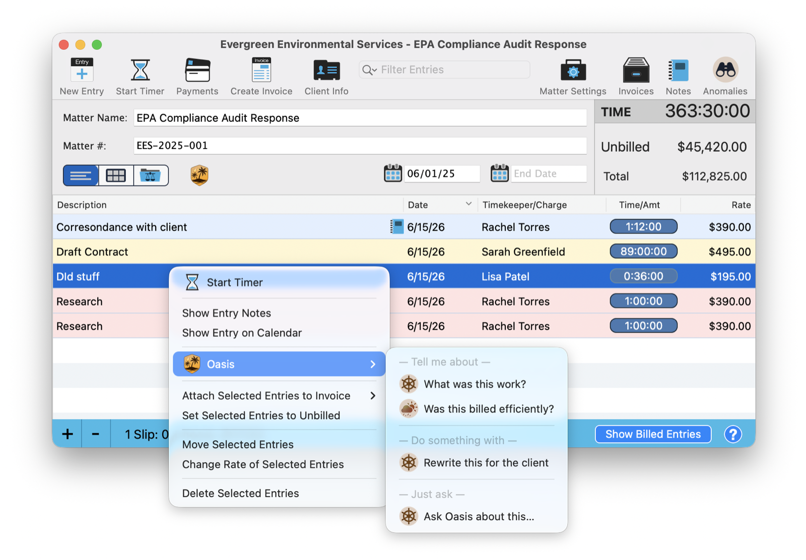 Right-click Oasis menu on a calendar entry in TimeNet Law