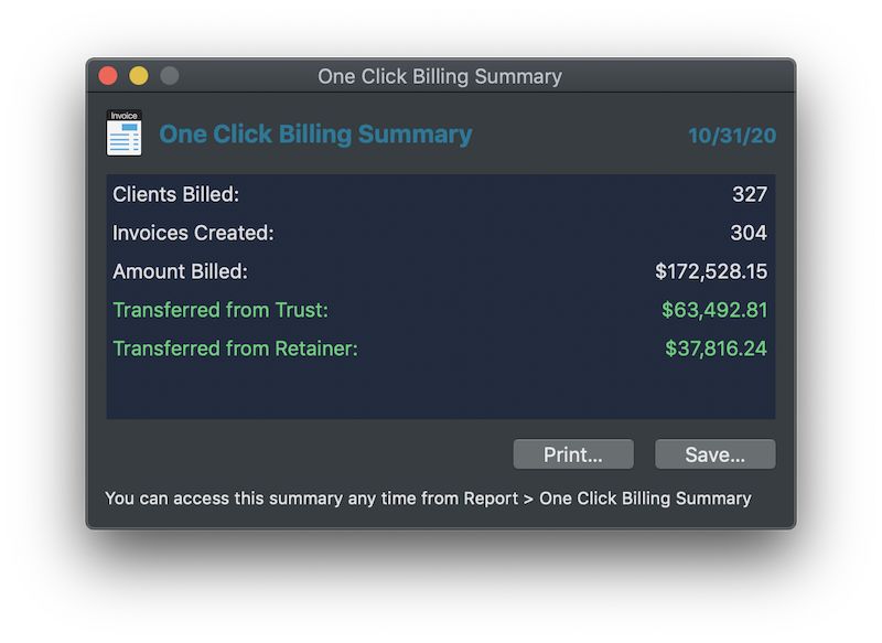 One Click Billing Summary