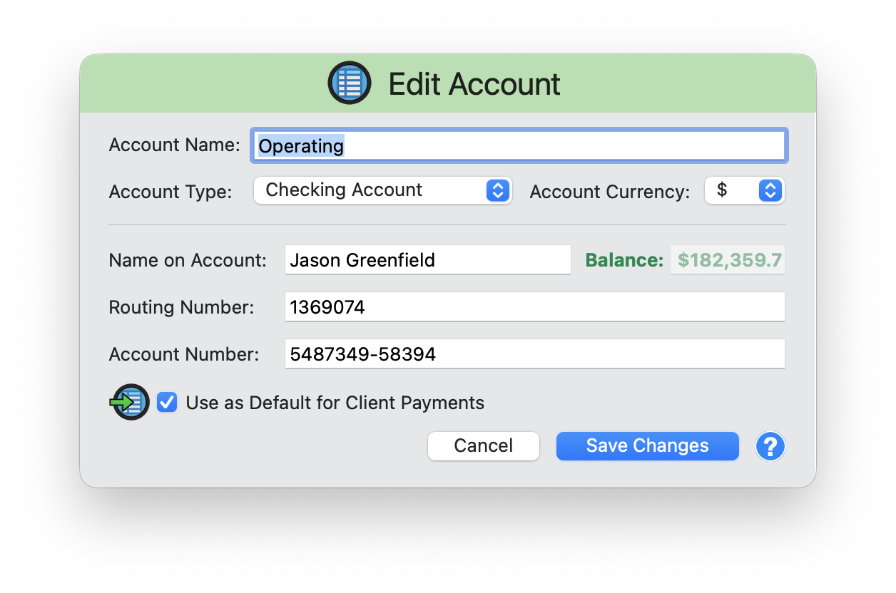 Edit Account dialog showing fields for Account Name, Account Type, Currency, Name on Account, Balance, Routing Number, Account Number, and the Use as Default for Client Payments checkbox