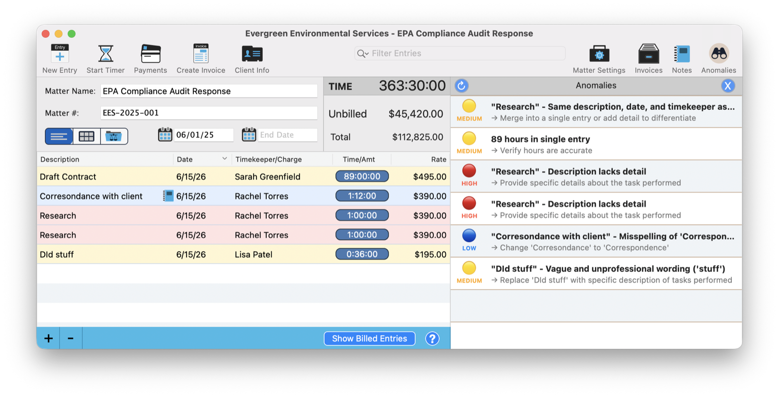 A matter window with the Anomalies panel open, listing flagged time entries with severity badges and a suggested fix for each, including a vague Research entry, an 89-hour entry, a misspelling, and unprofessional wording