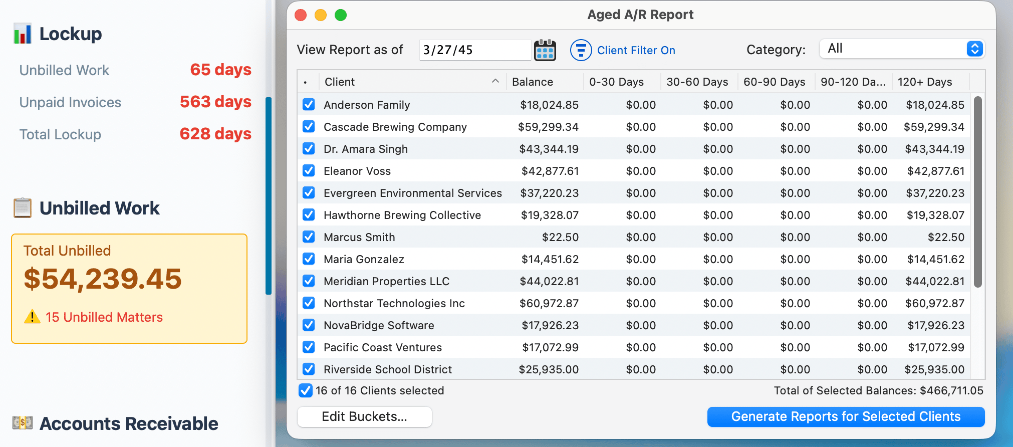 Lockup dashboard showing Unbilled Work, Unpaid Invoices with aging breakdown, and Total Lockup