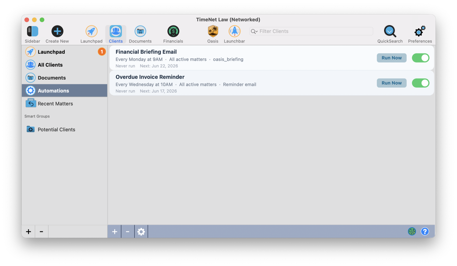 The Automations list in the sidebar showing a weekly Financial Briefing Email and an Overdue Invoice Reminder, each with its schedule, next run date, a Run Now button, and an on/off toggle