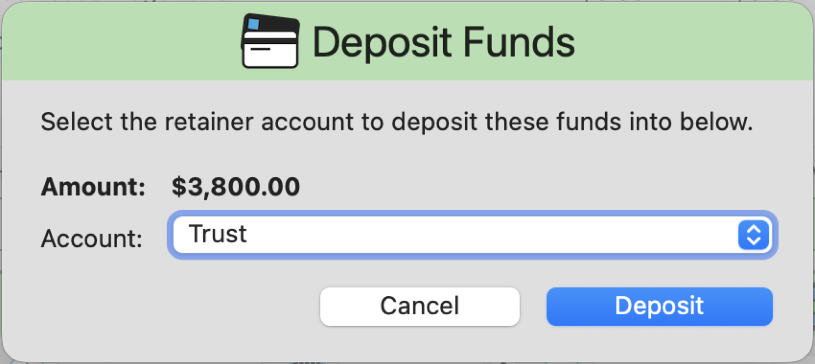Deposit Funds dialog asking which account holds the extra money
