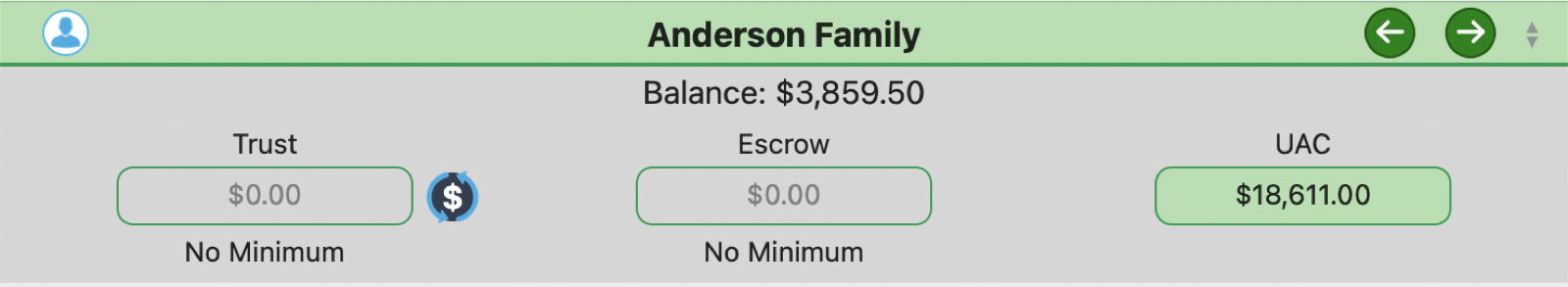 Payment Center showing the client's Balance and Trust, Escrow, and UAC accounts