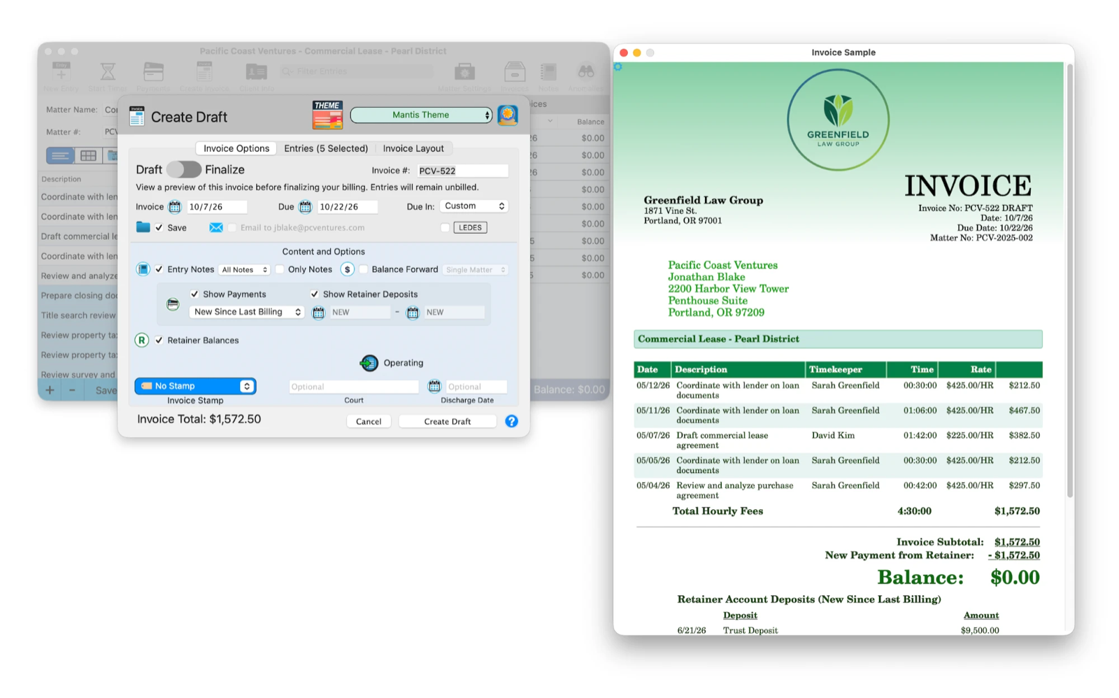 Create Draft window beside the live invoice preview
