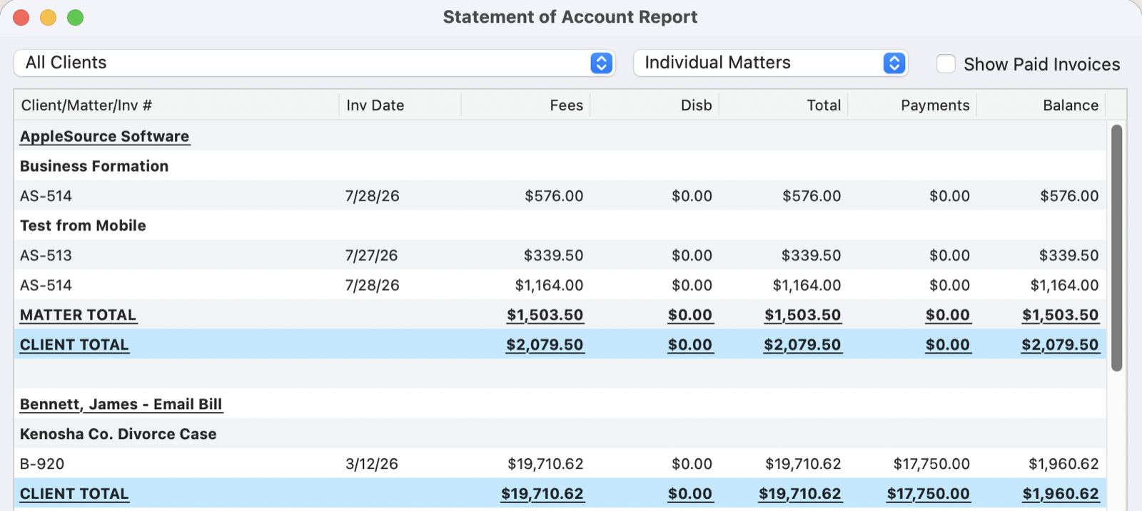 Statement of Account Overview Report listing each invoice with payments and balance