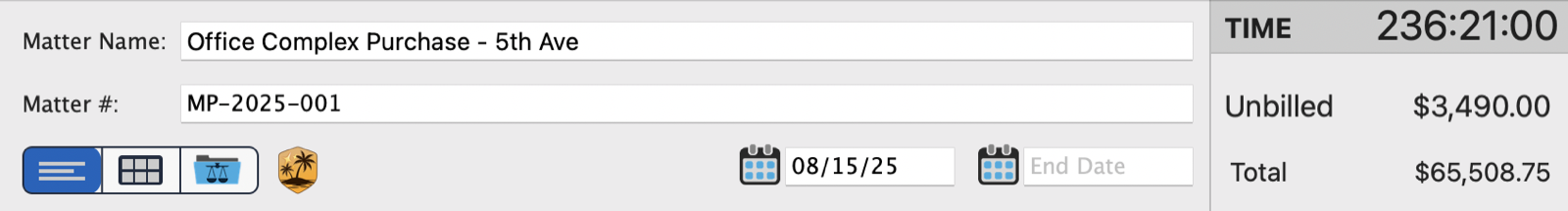 Matter window showing the TIME, Unbilled, and Total panel