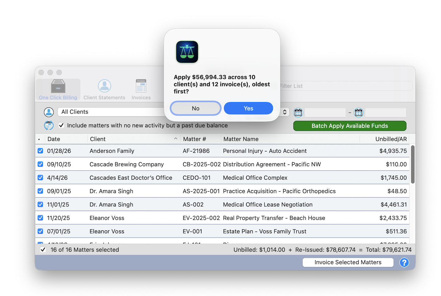 Batch Apply Available Funds preview dialog showing the total to apply across multiple clients and invoices, oldest first