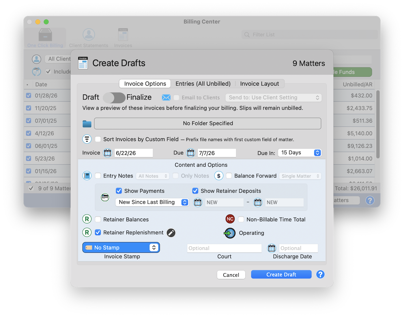 The Create Drafts sheet with Draft and Finalize options, invoice and due dates, balance forward and retainer settings