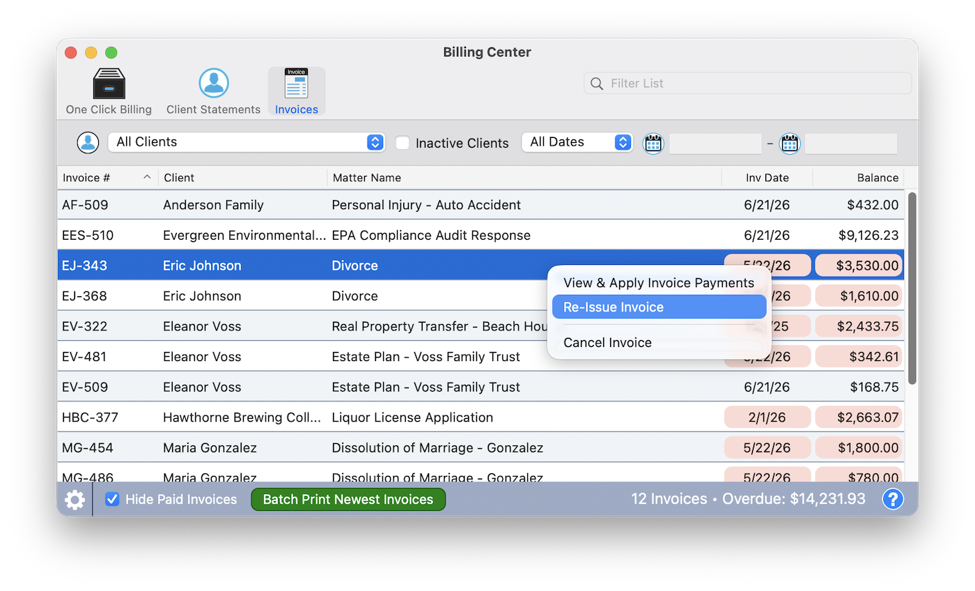 Invoices tab showing the full invoice list with the right-click menu open offering Reissue and Cancel
