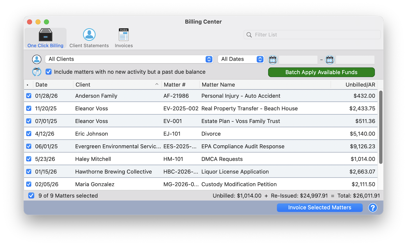 One Click Billing tab showing the matter list with Unbilled and AR totals, the include-past-due checkbox, and the Invoice Selected Matters button