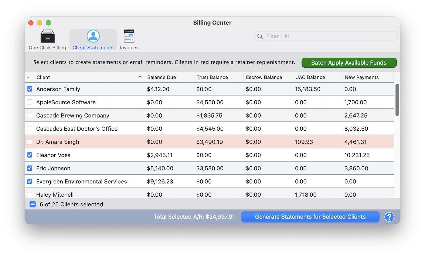 Client Statements tab showing Balance Due, Trust, Escrow, and UAC columns per client, with a client in red flagged for retainer replenishment