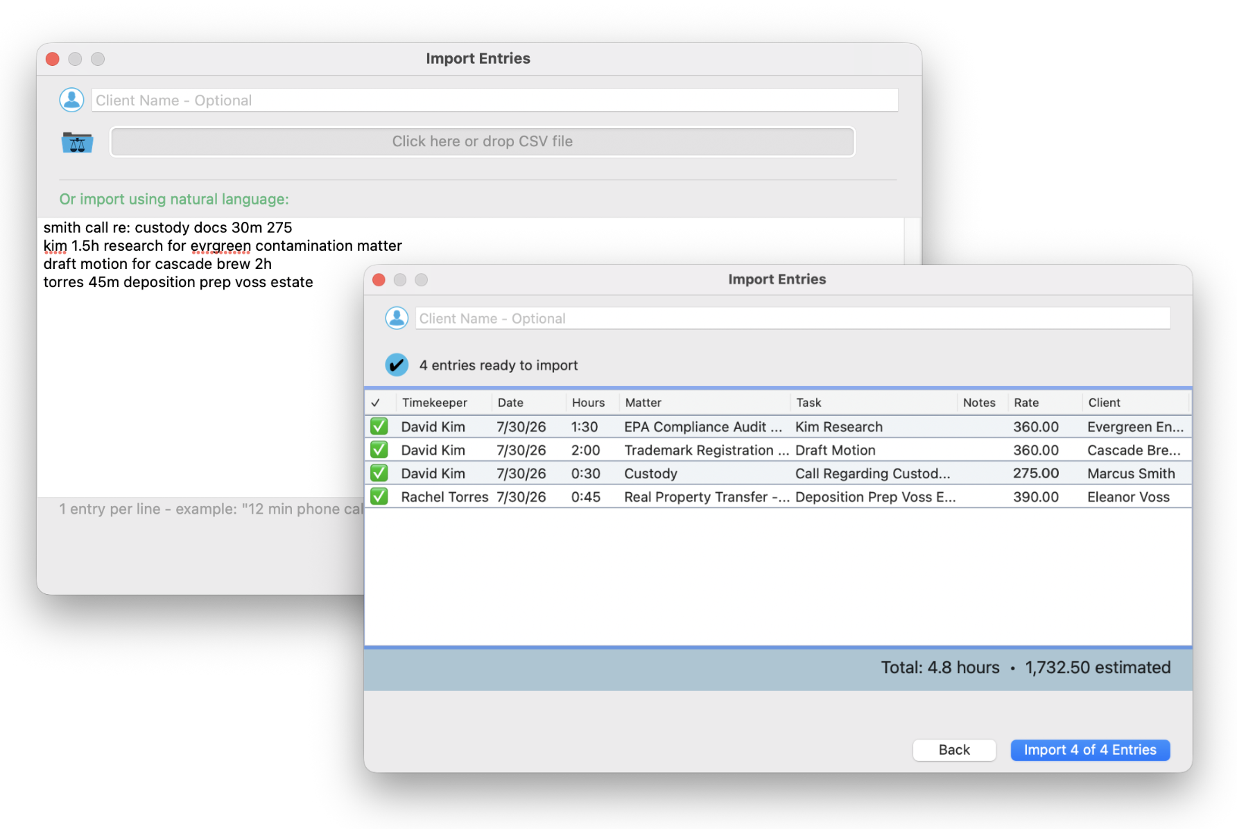 Fuzzy matching at scale: sloppy natural-language lines with lowercase surnames, misspellings and partial client names on the left, and the review table on the right with every timekeeper, matter and client fully resolved