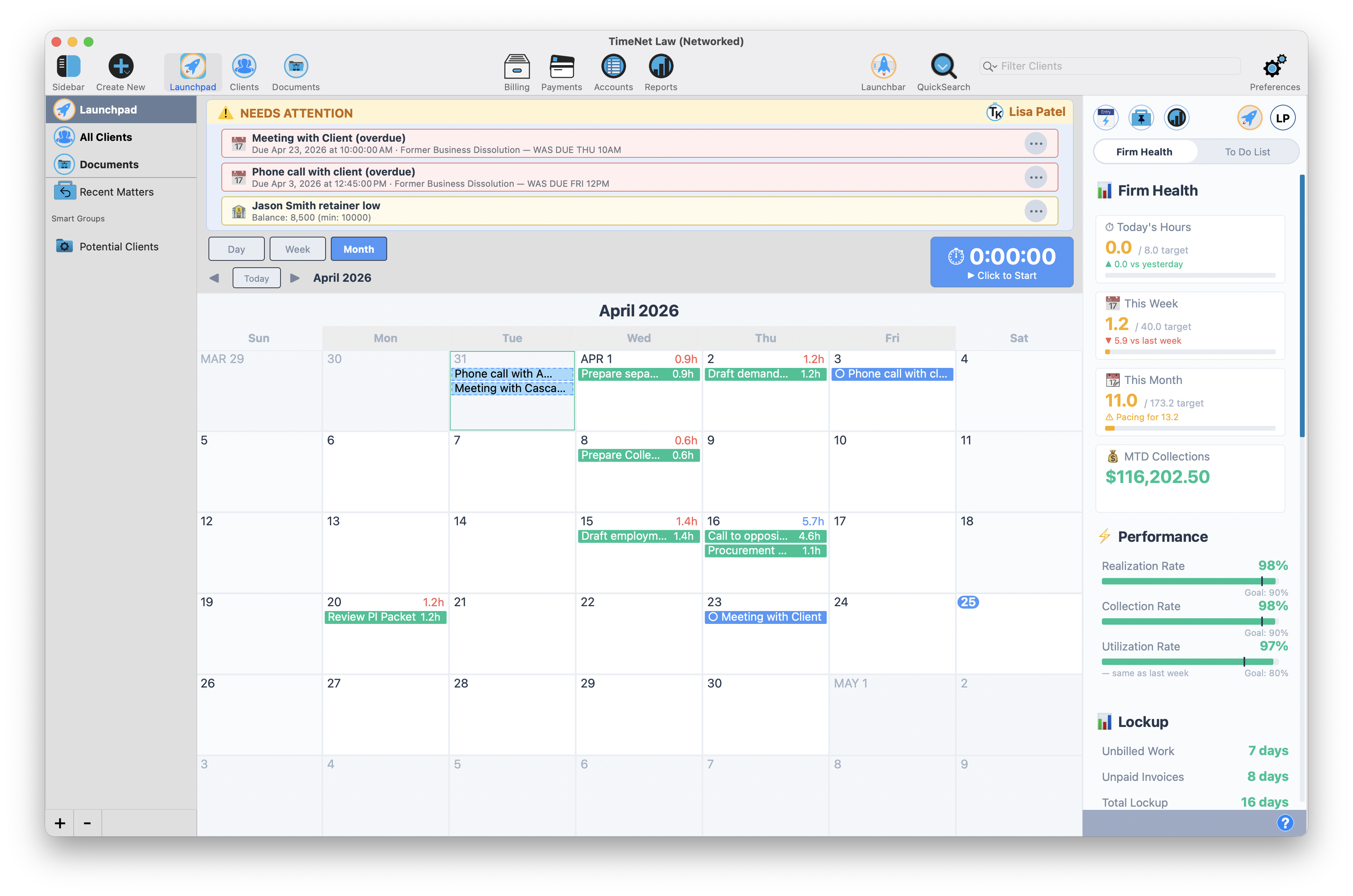 Launchpad Month View showing Apple Calendar events alongside TimeNet Law billing entries