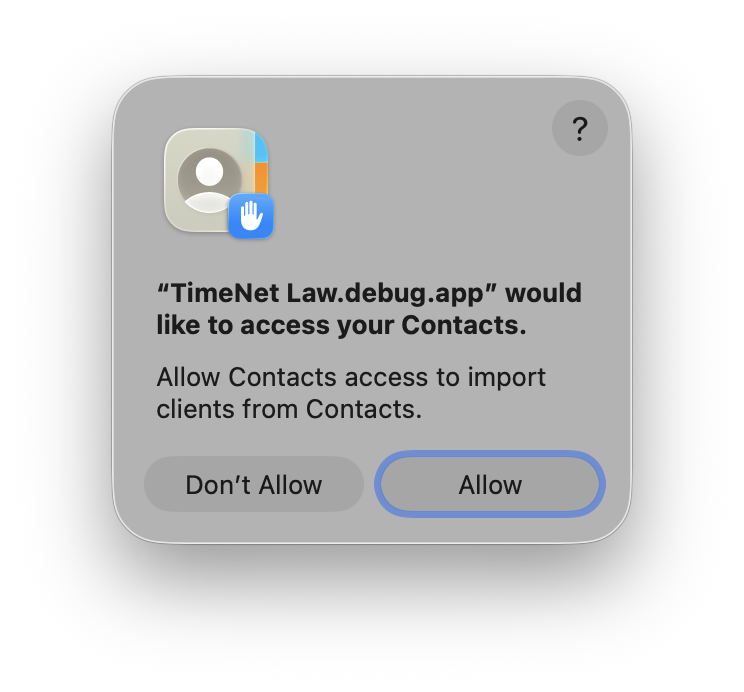 macOS permission dialog asking to allow TimeNet Law access