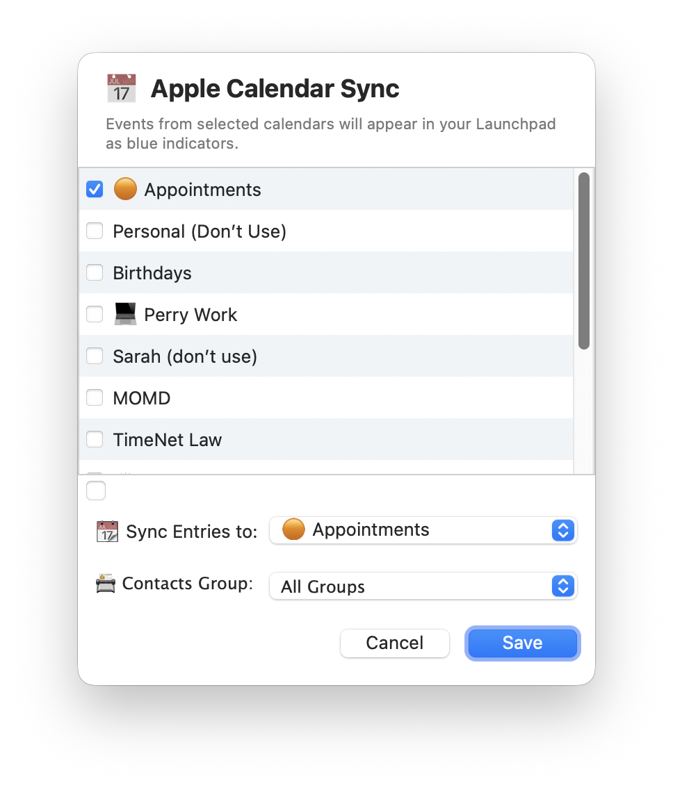 Apple Calendar Sync window showing calendar selection checkboxes, Sync Entries to popup set to Appointments, and Save button
