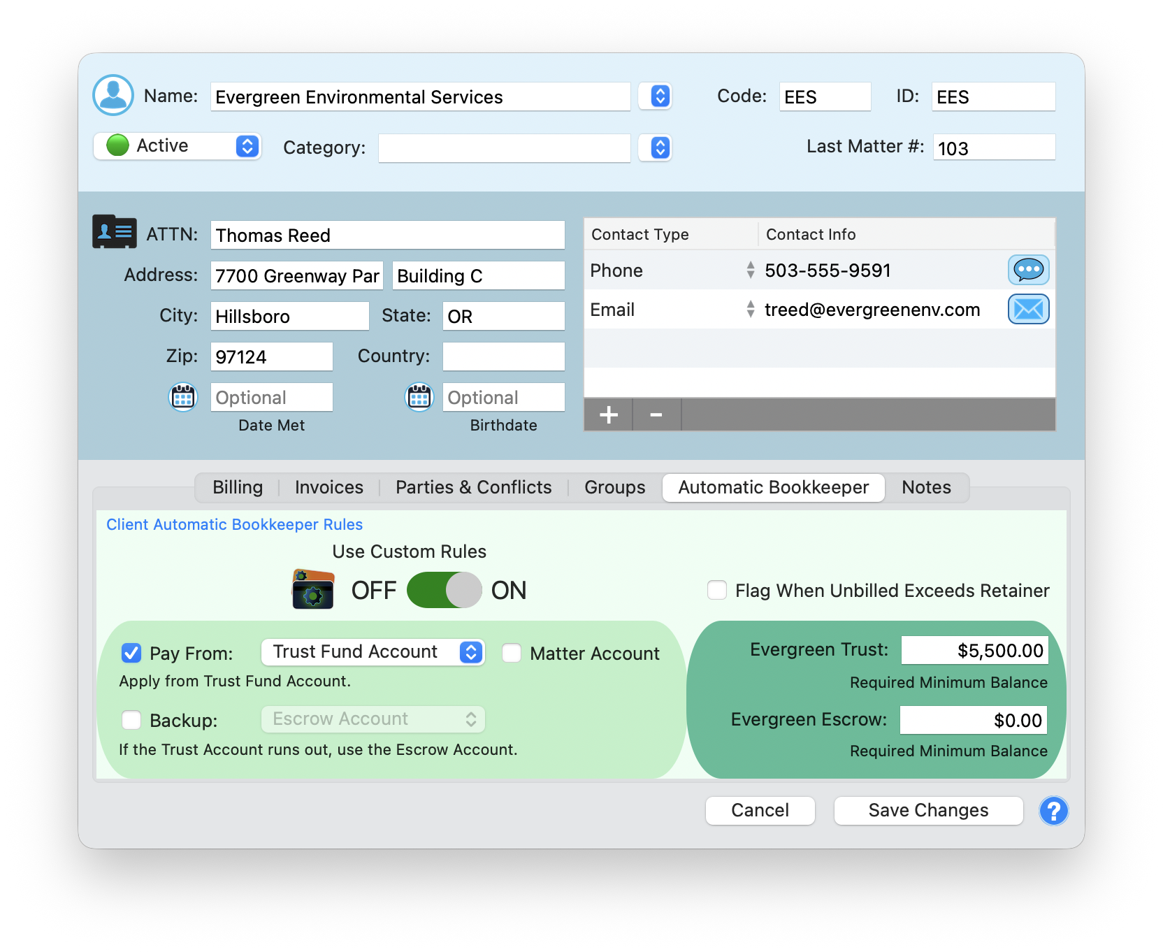 Automatic Bookkeeper tab showing trust fund settings, escrow backup, and minimum balance fields