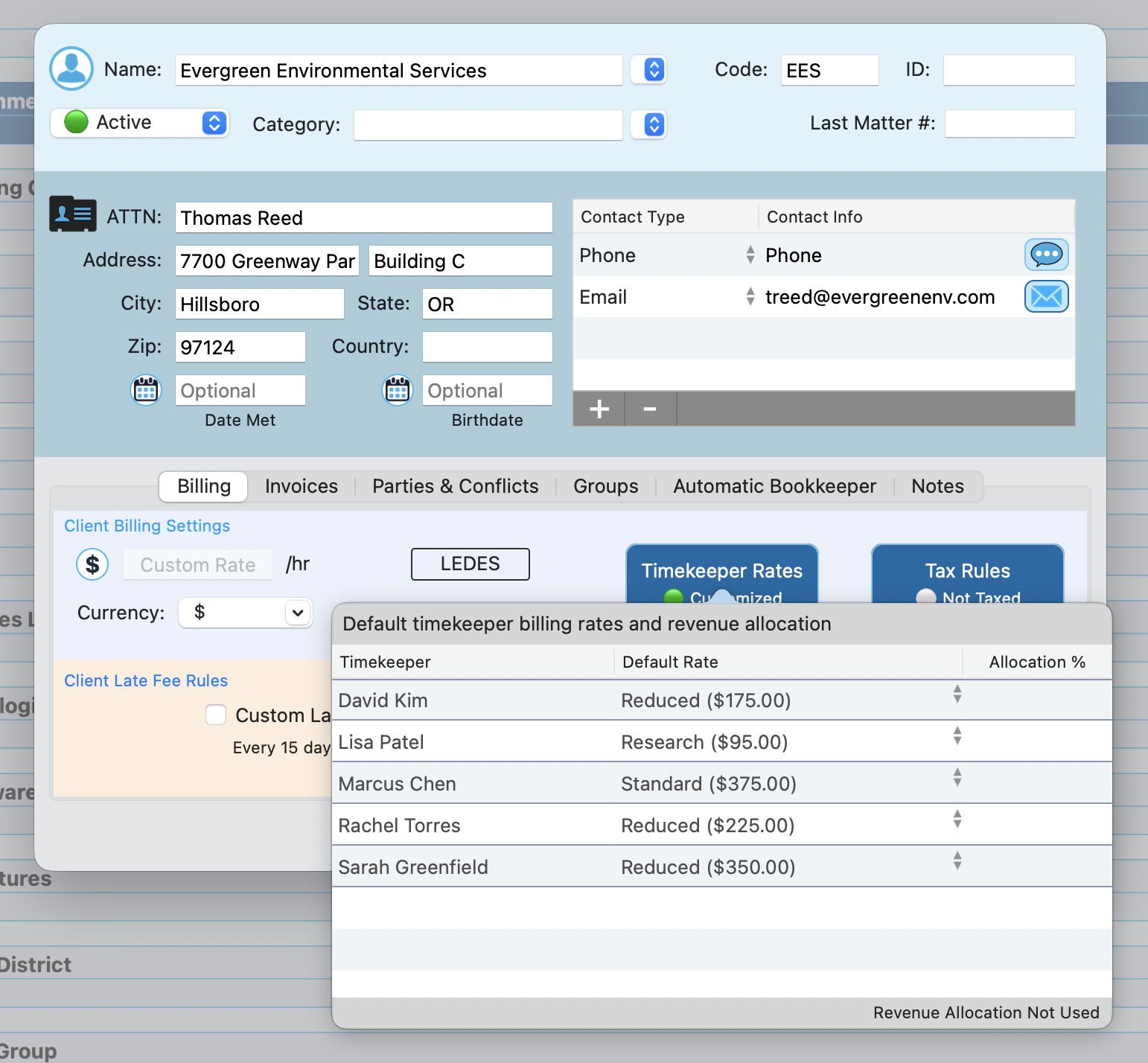 Billing tab with Timekeeper Rates popover showing per-timekeeper rate tiers and allocations