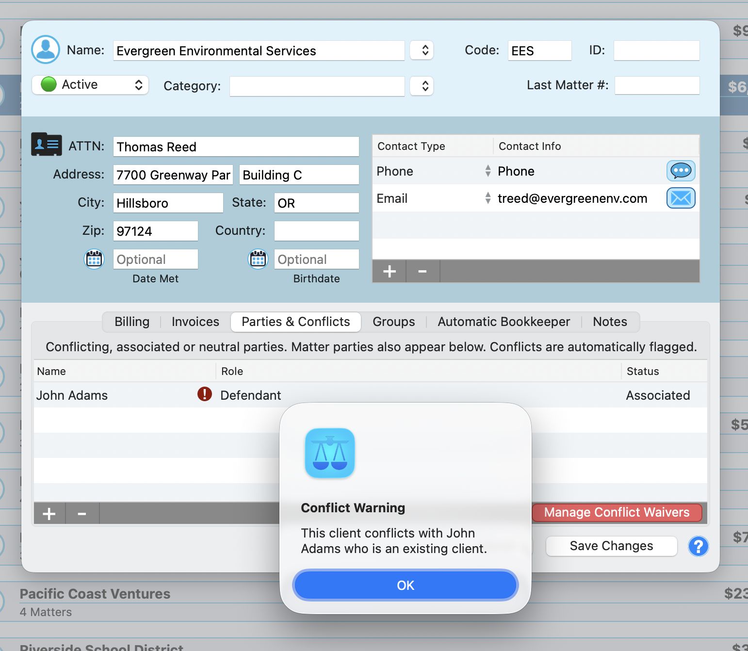 Parties and Conflicts tab showing conflict warning dialog with red Manage Conflict Waivers button