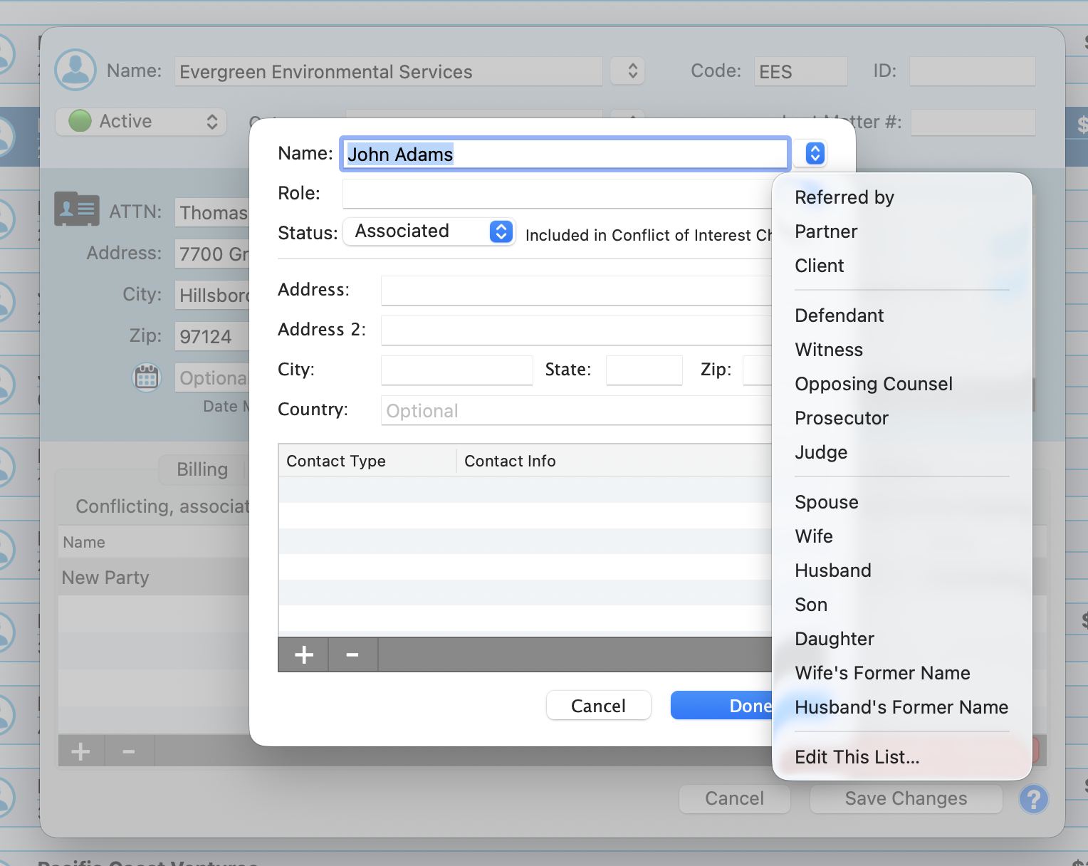 New Party dialog showing the Role dropdown with Business, Legal, and Family role groups