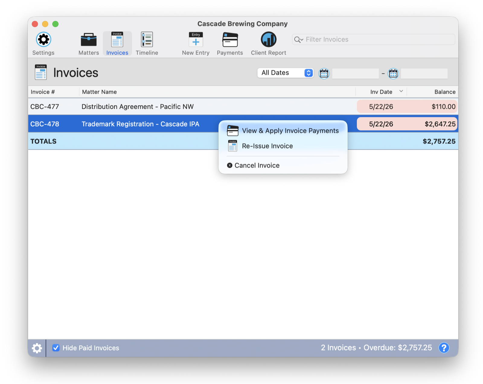 The Invoices view with a right-click menu showing View and Apply Invoice Payments, Re-Issue Invoice, and Cancel Invoice