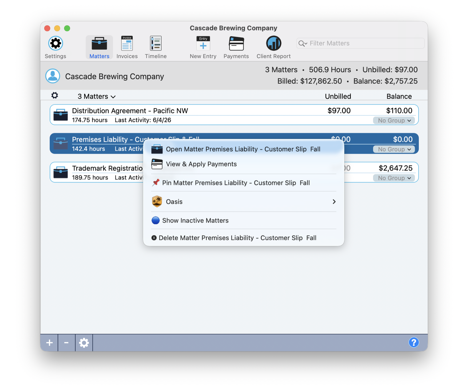 The right-click menu on a matter, showing Open Matter, View and Apply Payments, Pin Matter, Oasis, Show Inactive Matters, and Delete Matter