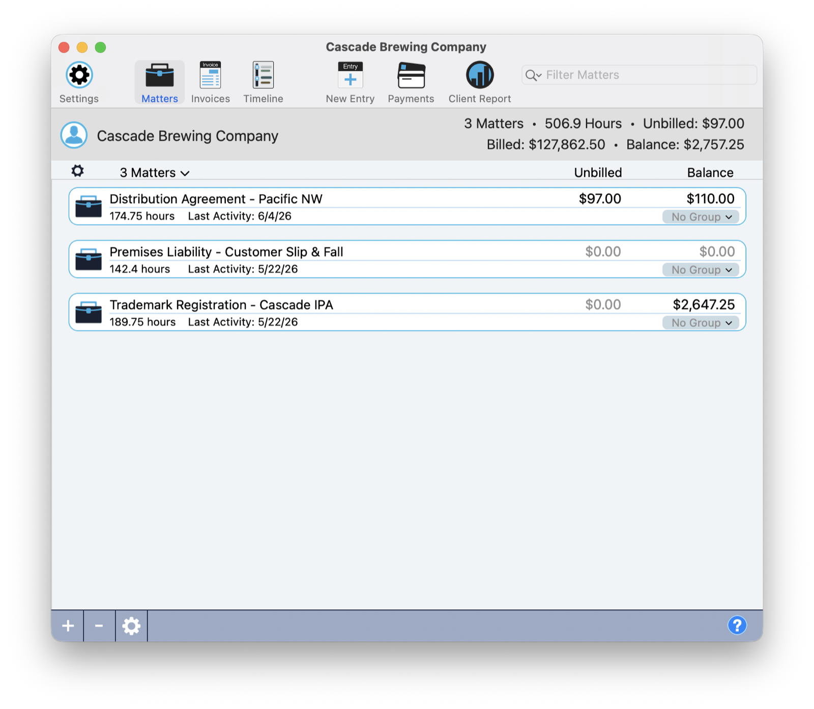 The Client View window showing the toolbar, the client summary band, and the matters list