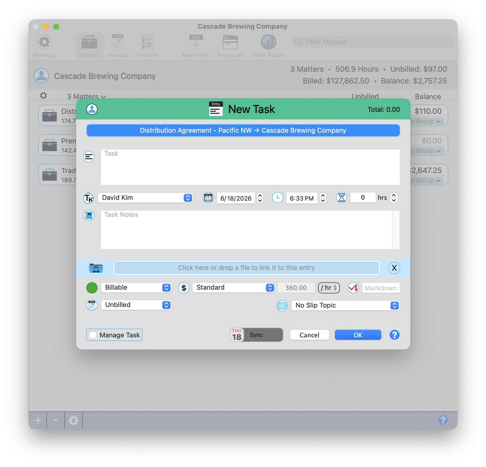 The New Entry sheet, scoped to the selected matter, with timekeeper, time, billable, rate, and notes fields