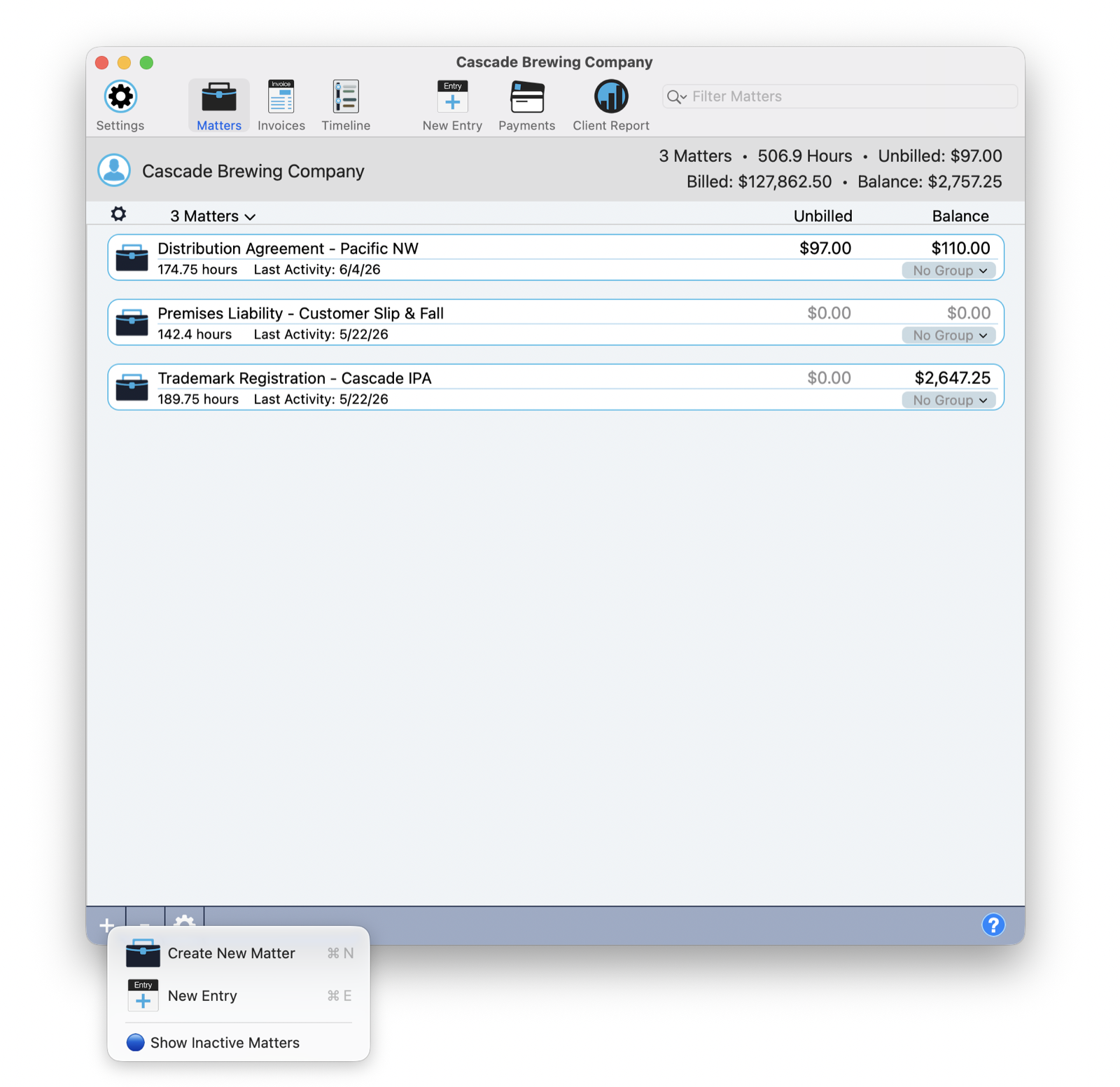 The plus button and the right-click create-new popup for adding a matter