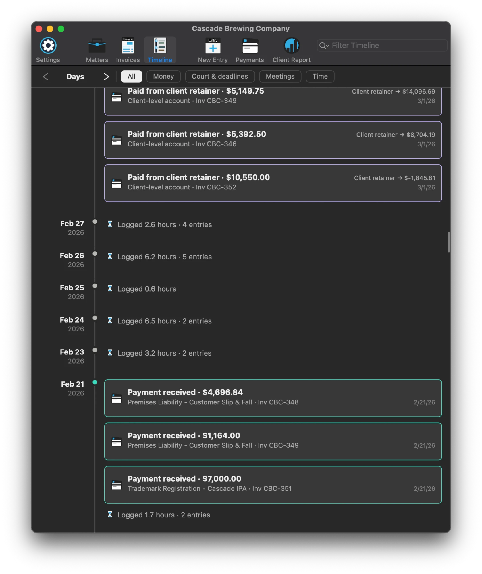 The Client View timeline in dark mode, with purple trust and retainer cards above green direct-payment cards
