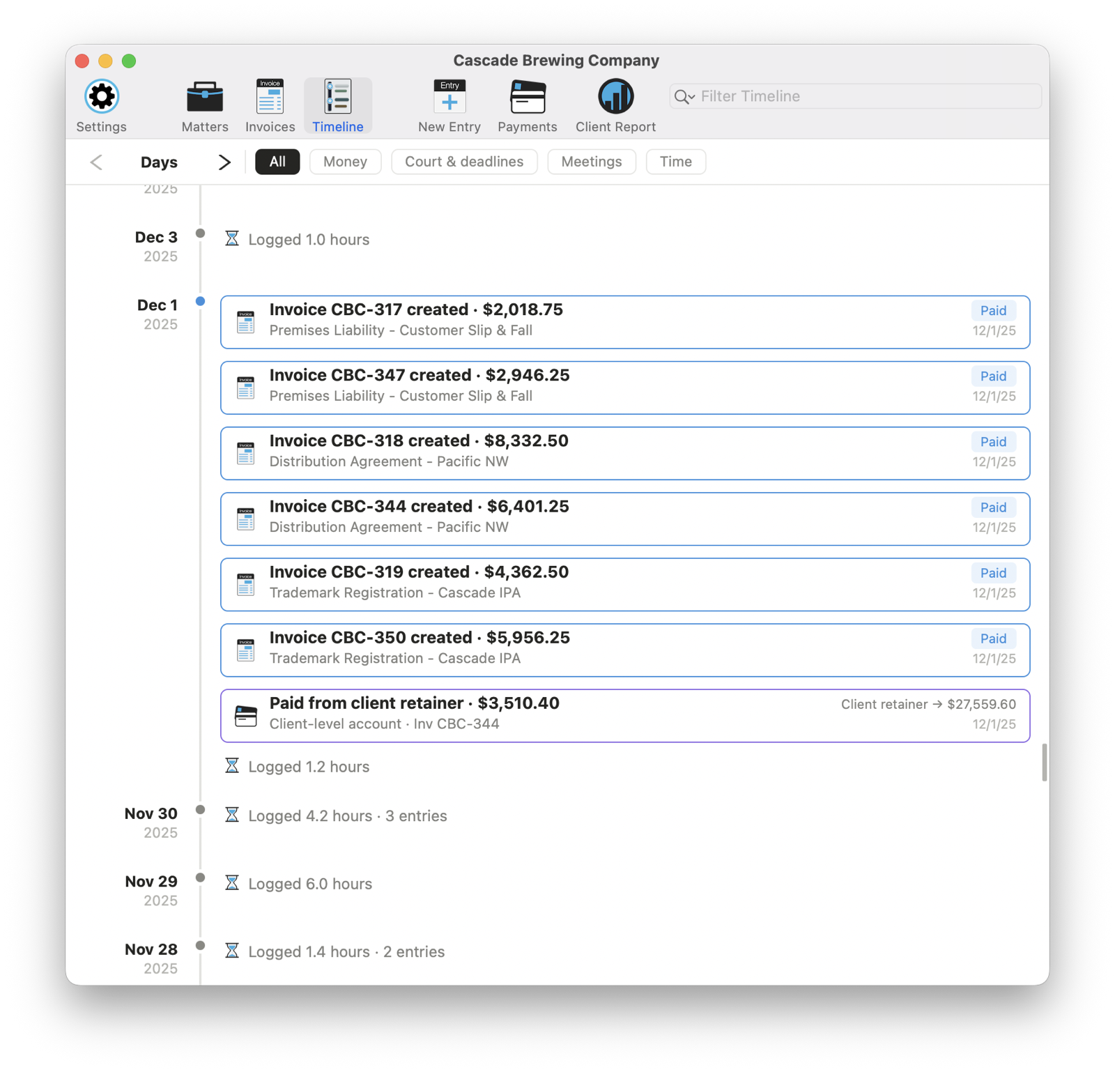 The Timeline showing day-by-day activity, with compressed time-logged lines and full cards for invoices and payments