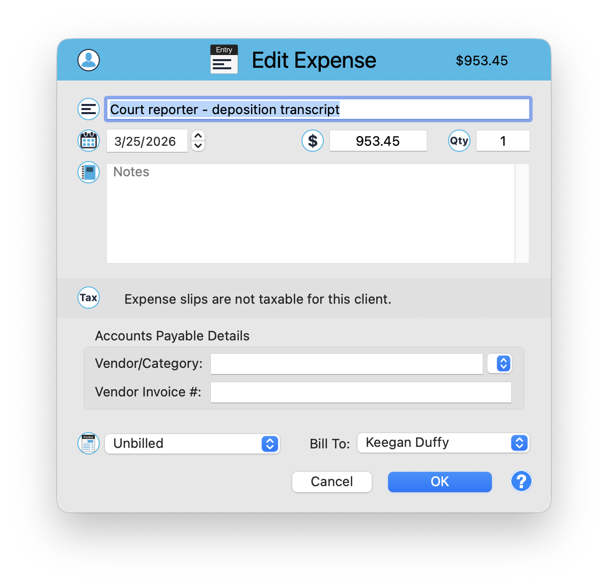 Edit Expense window showing description, date, amount, quantity, notes, tax notice, Accounts Payable Details with vendor dropdown, and Bill To party selector