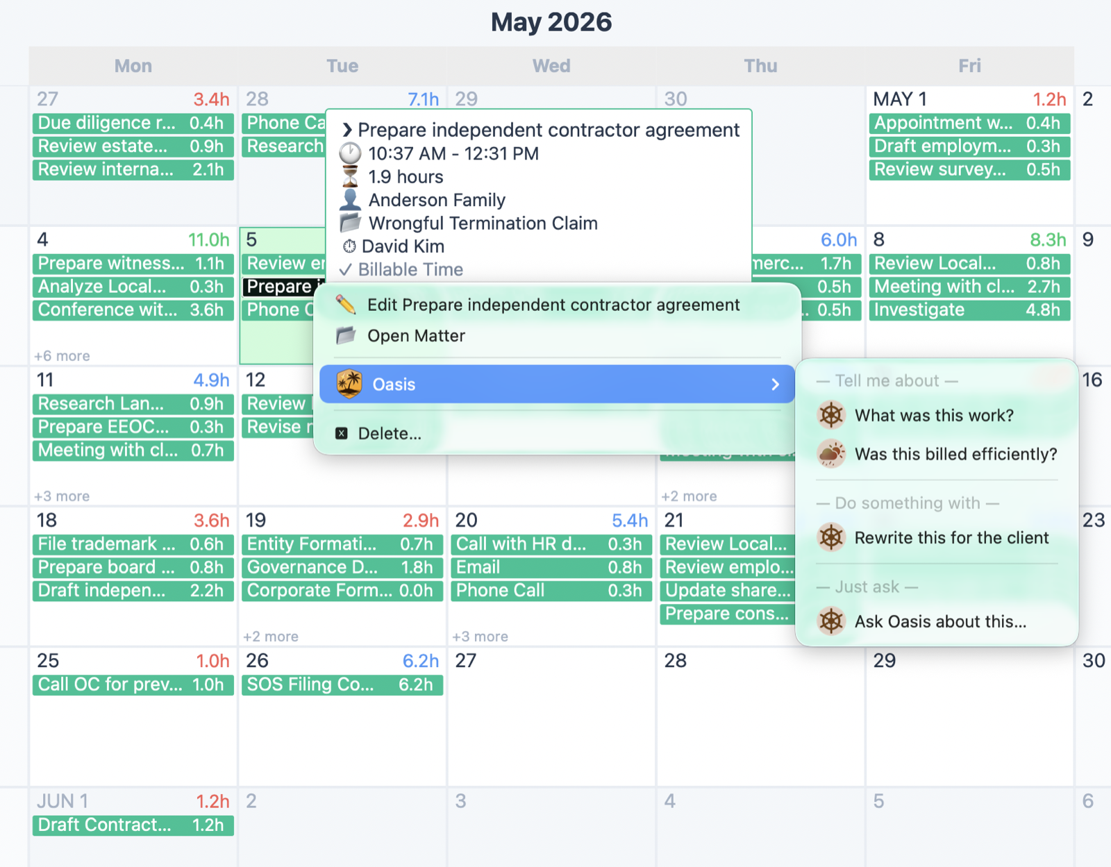 A right-click on a calendar event showing the Oasis submenu with the same Tell me about, Do something with, and Just ask actions