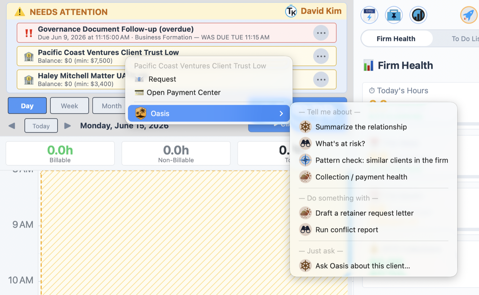 A right-click on a low client trust alert showing a rich Oasis menu: summarize the relationship, what is at risk, pattern check similar clients, collection and payment health, draft a retainer request letter, and run a conflict report