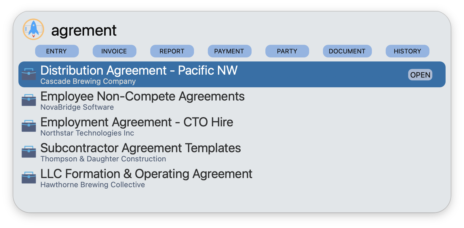 Searching 'agrement' with missing letter still finds all agreement matters