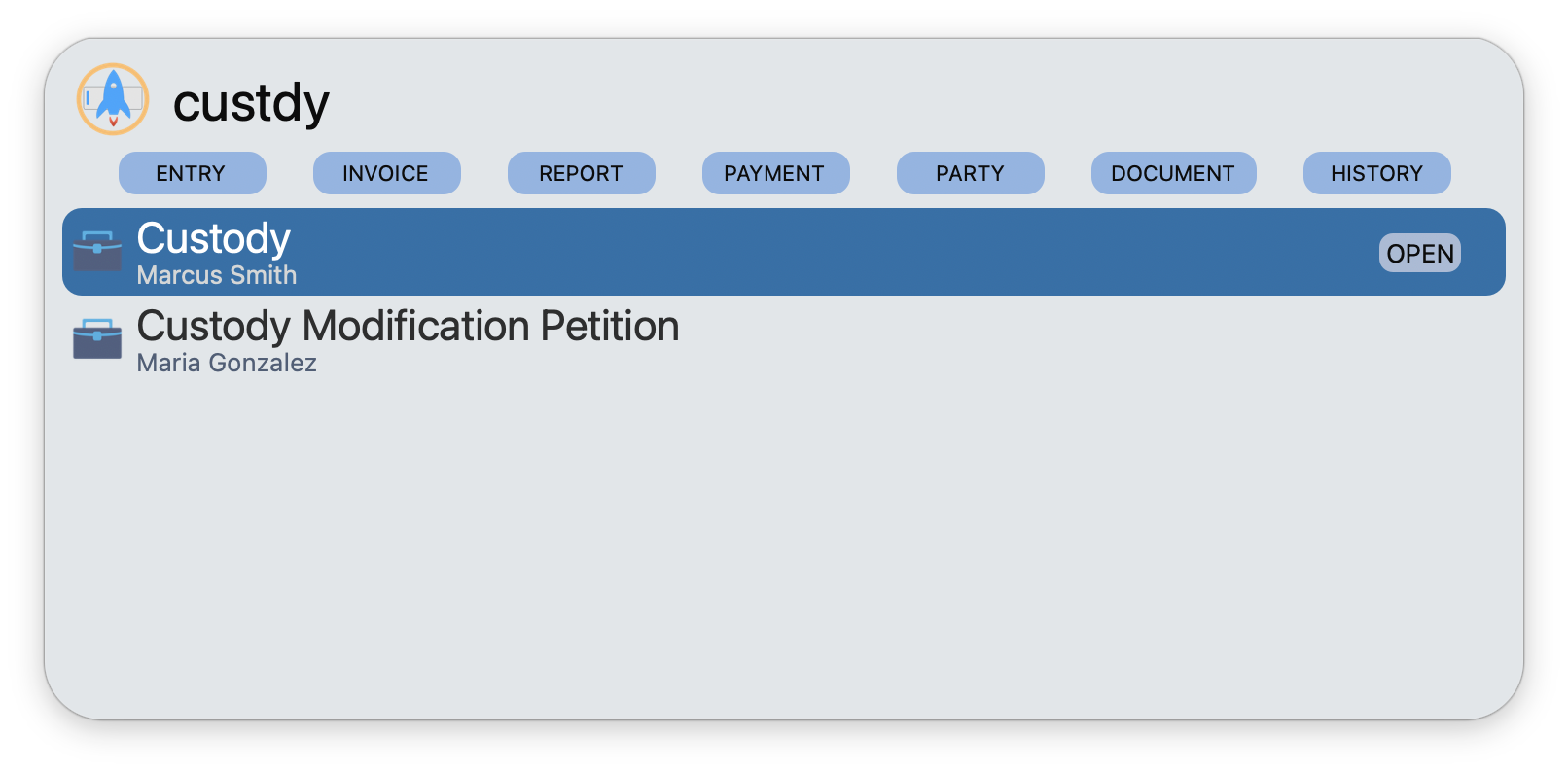 Searching 'custdy' finds Custody matters