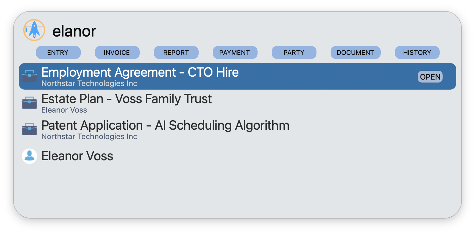 Searching 'elanor' finds Eleanor Voss and her matters