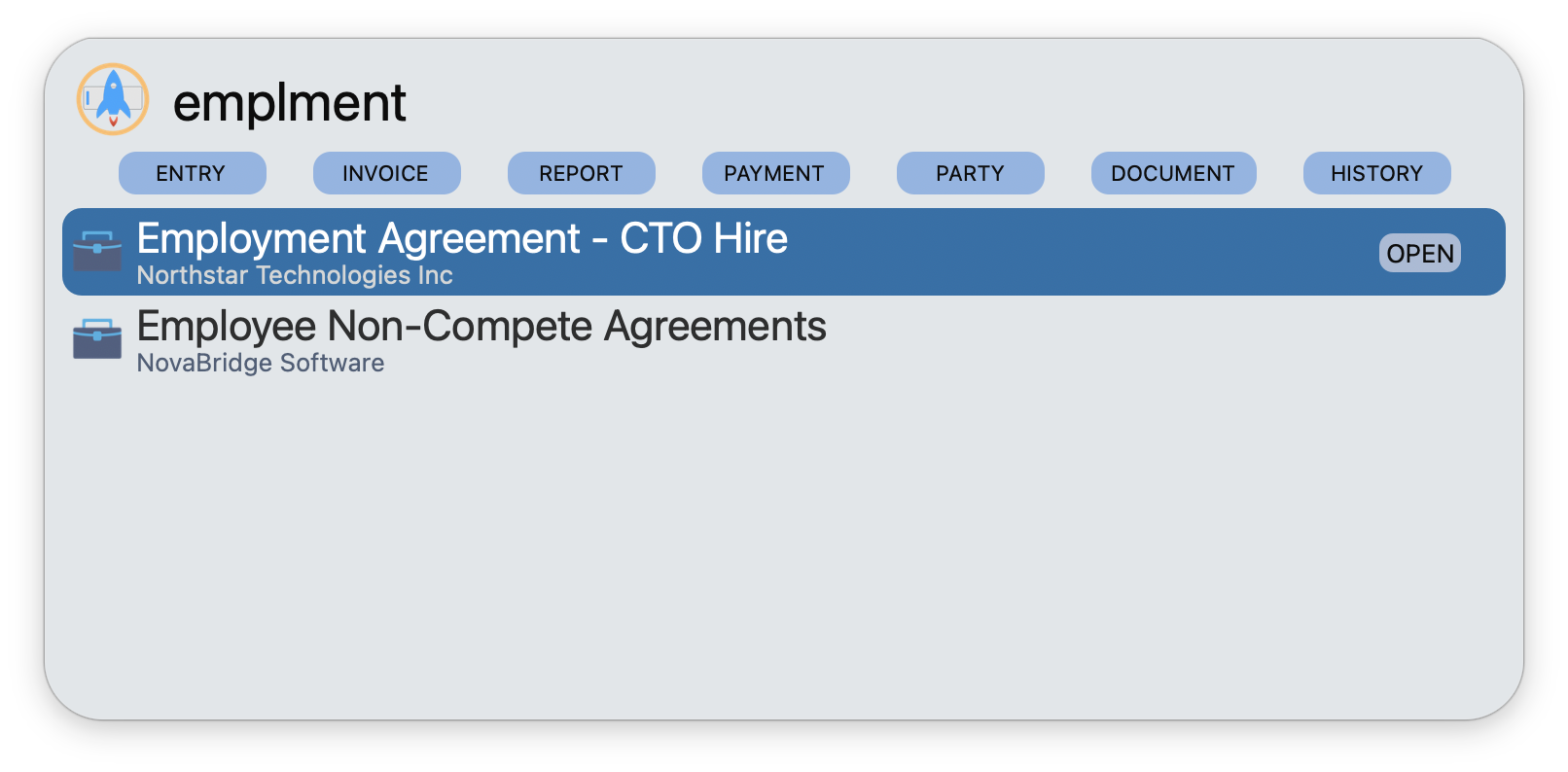 Searching 'emplment' finds Employment Agreement and Non-Compete