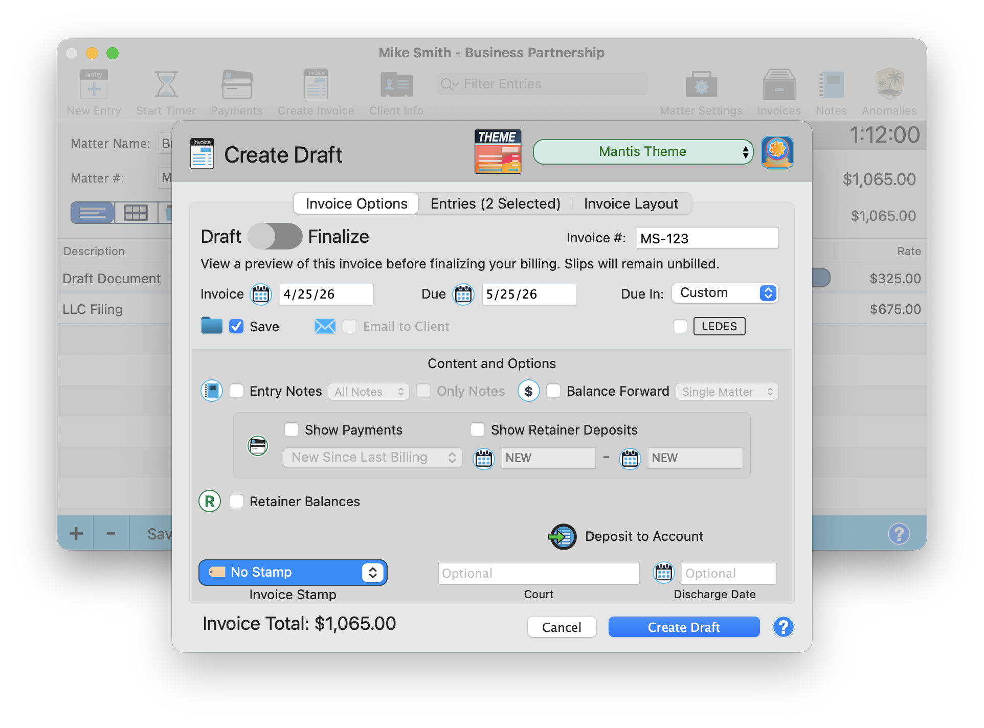 The Create Invoice window showing unbilled entries and live preview in Draft mode