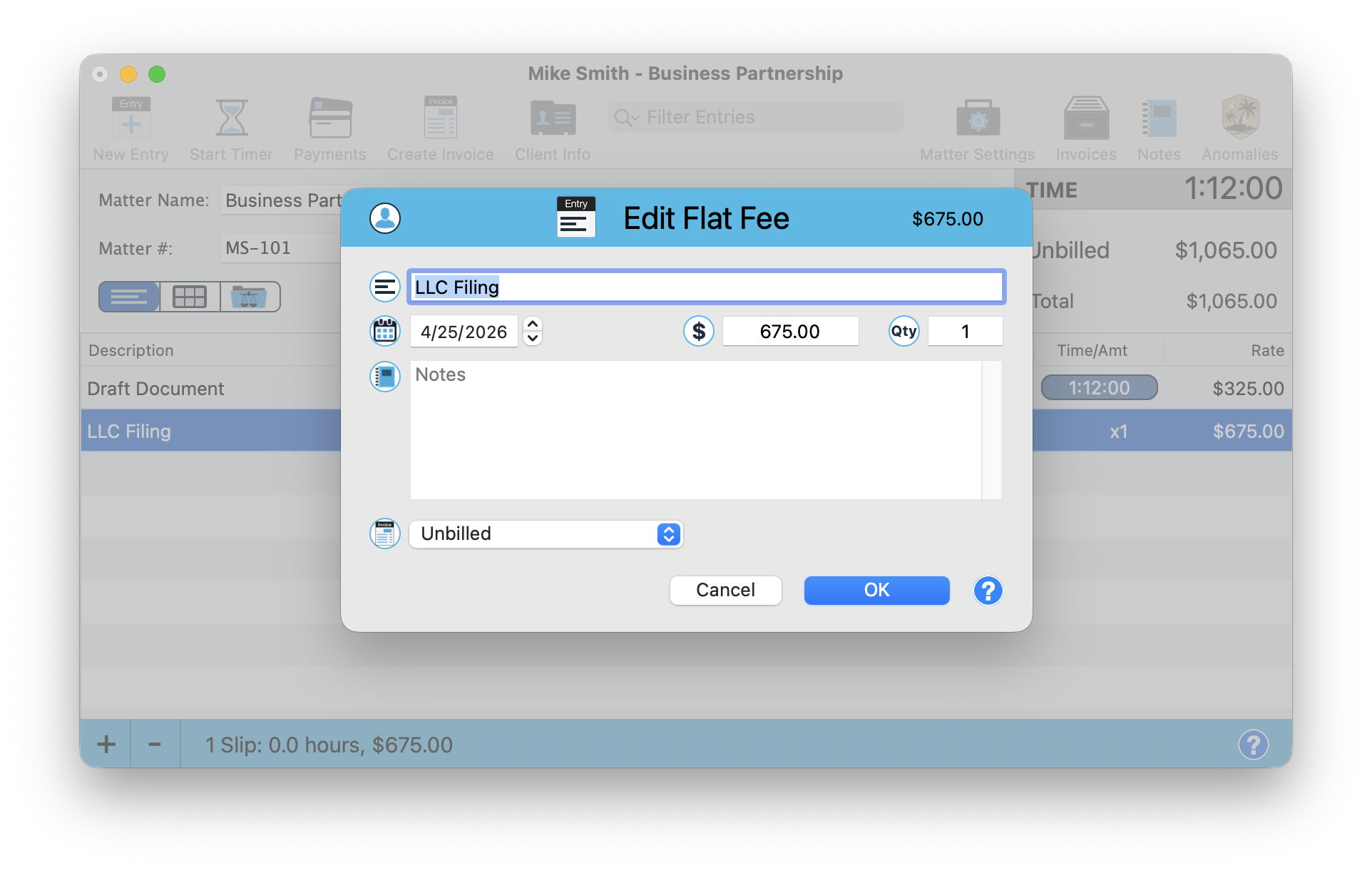 A flat fee entry form showing fee name, amount, and quantity fields