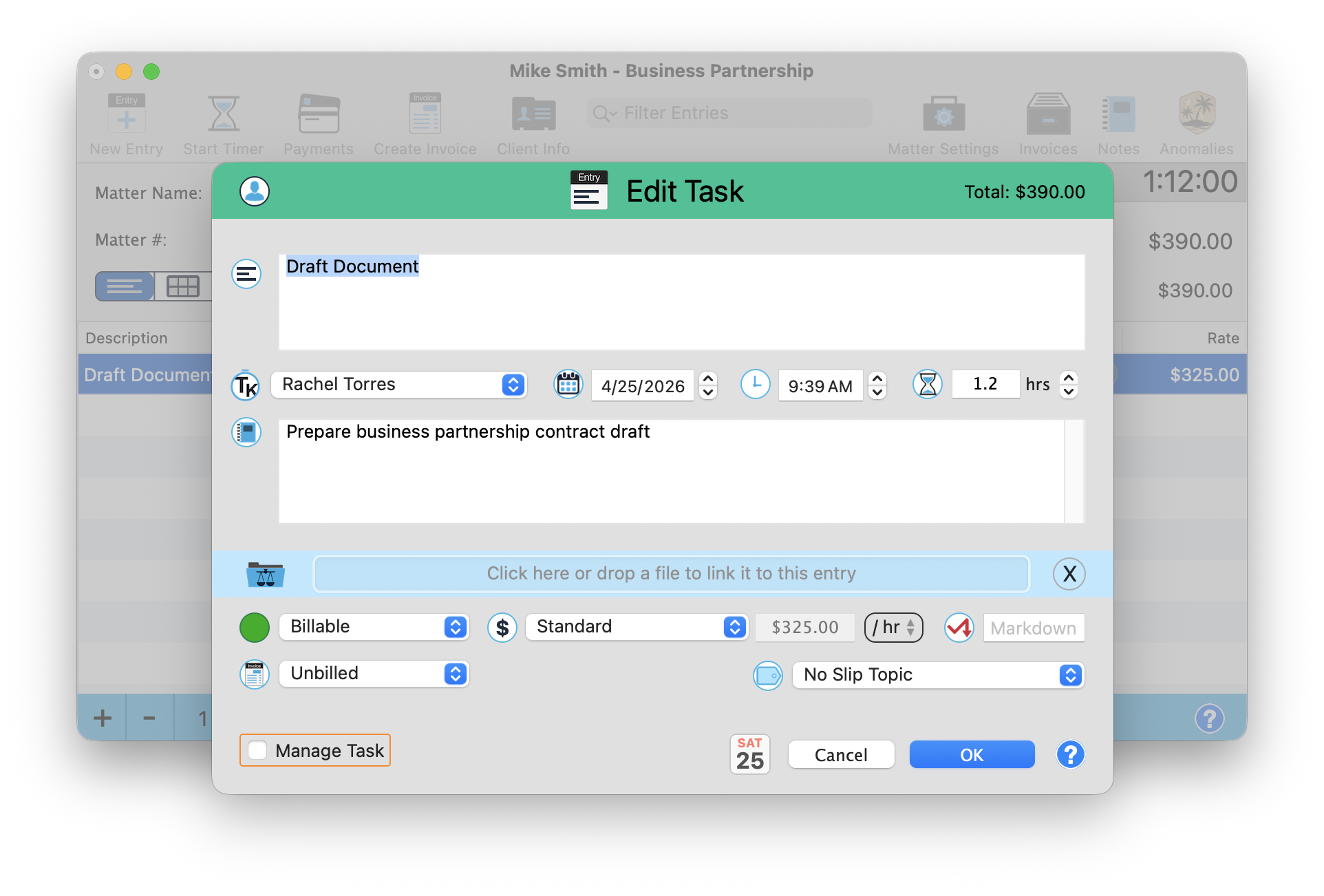A time entry form showing description, hours, notes, and the automatically calculated total