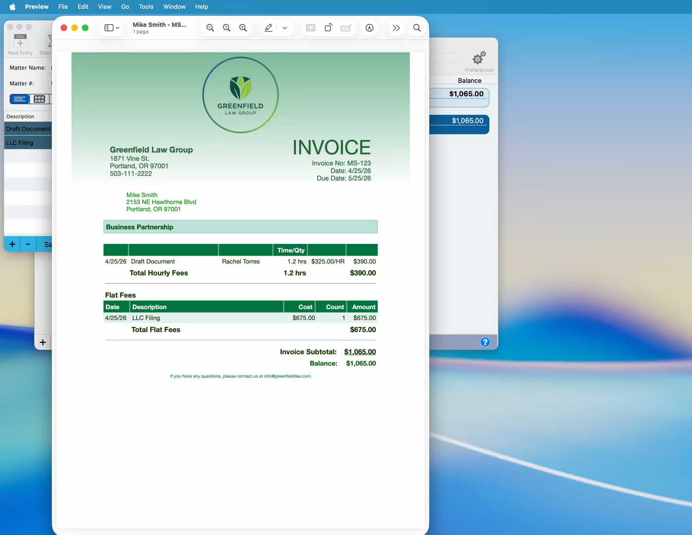 The finished invoice PDF showing professional branding with logo, theme, and custom footer