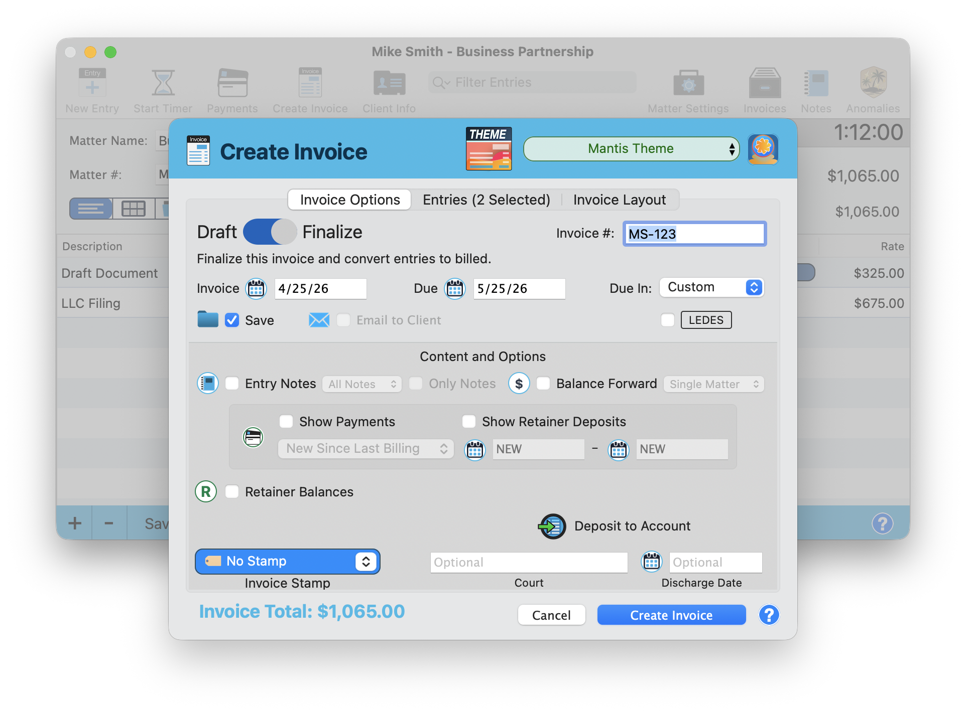 The Create Invoice window with Finalize toggle enabled