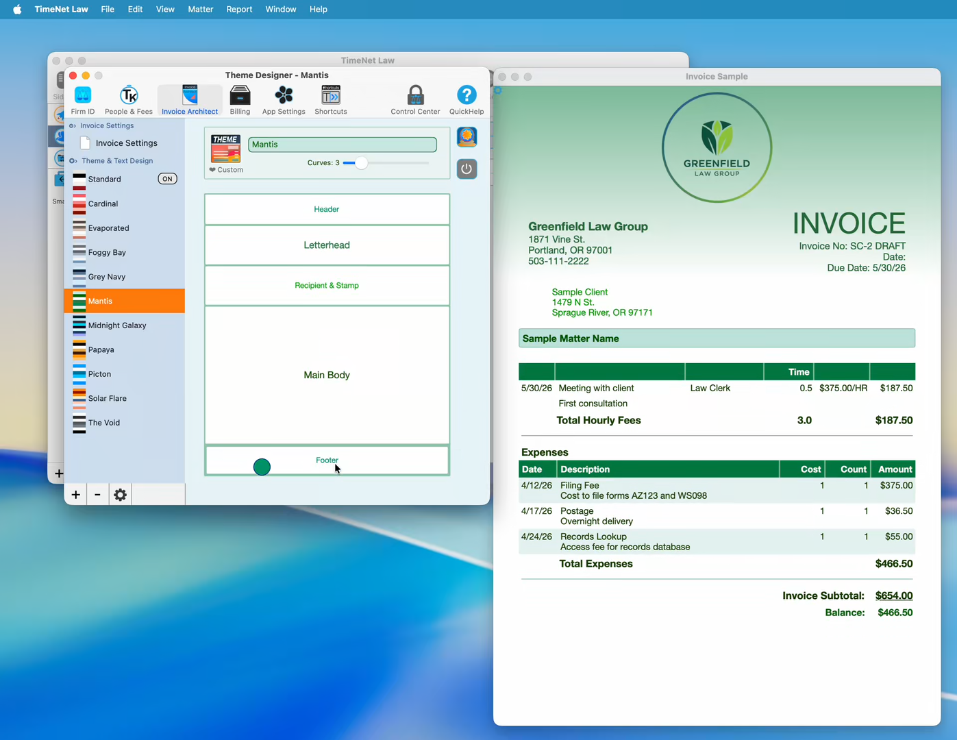 Footer section of the Theme Designer showing payment instructions editor