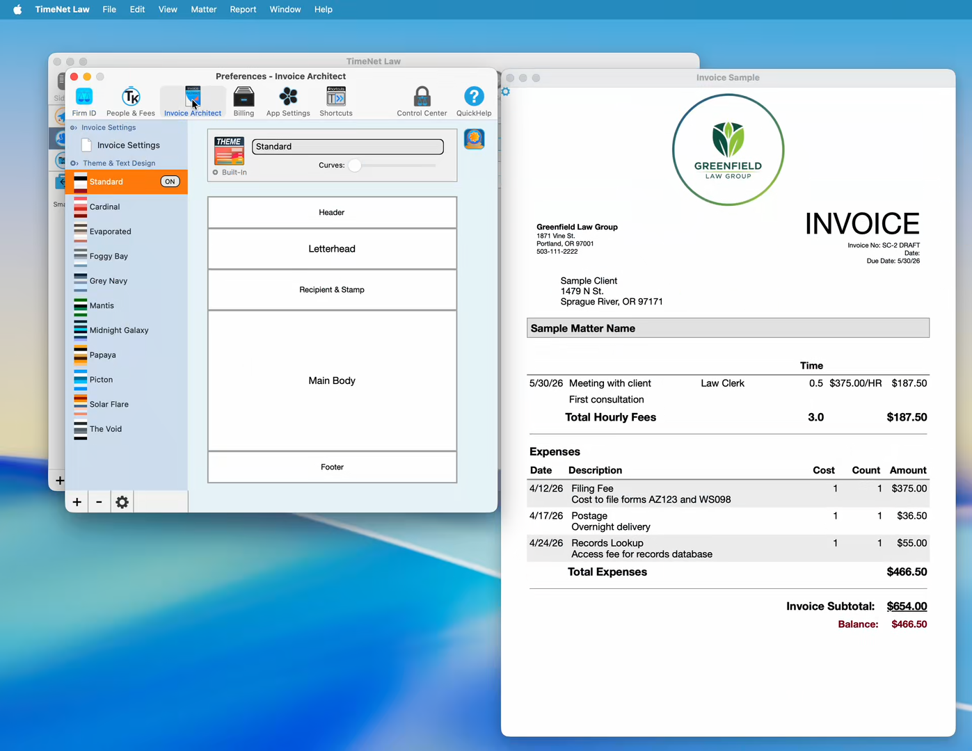 The Invoice Architect showing 10 built-in themes with live preview on the right