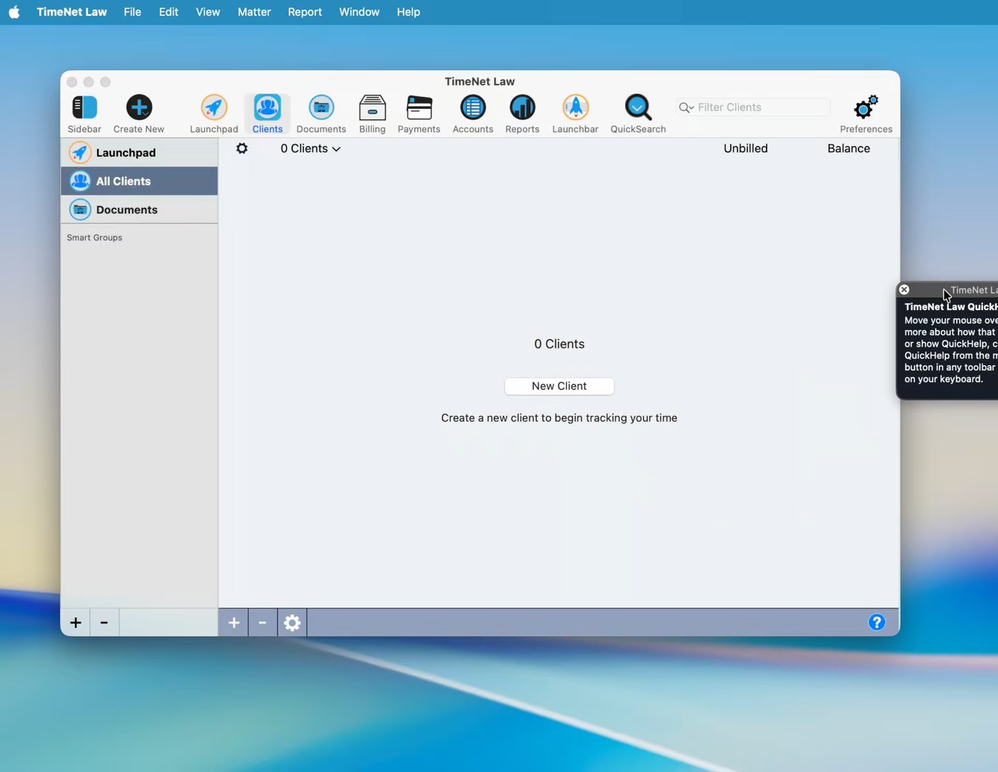 The main window after setup — click New Client to get started